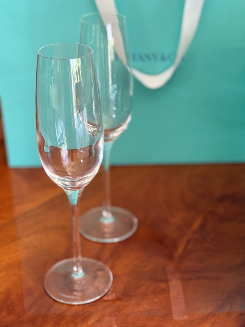 Tiffany & Co. Signature Blue Champagne Flutes with Blue Box